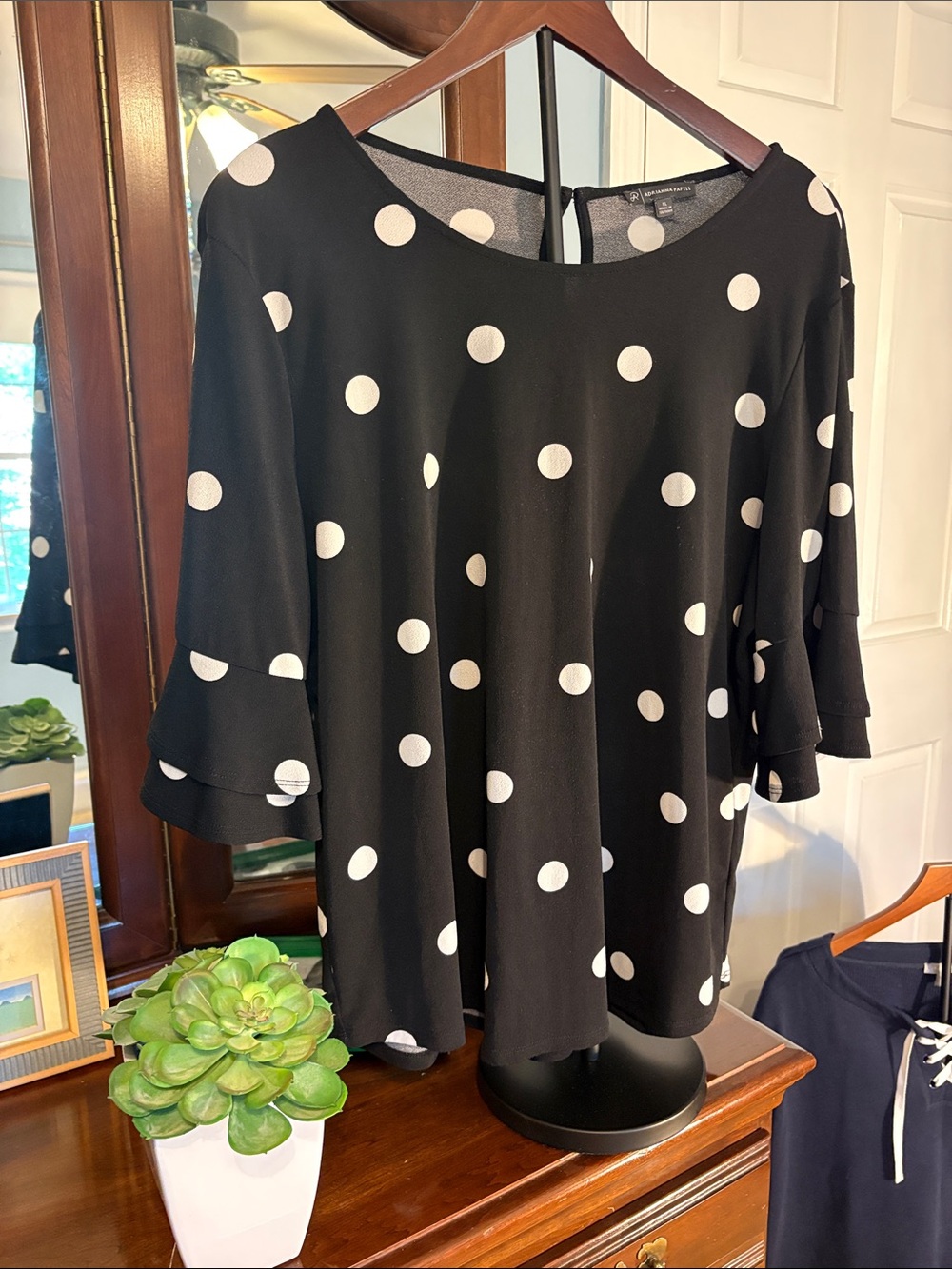 Adrianna Papell Black Polka Dot Ruffle Sleeve Blouse